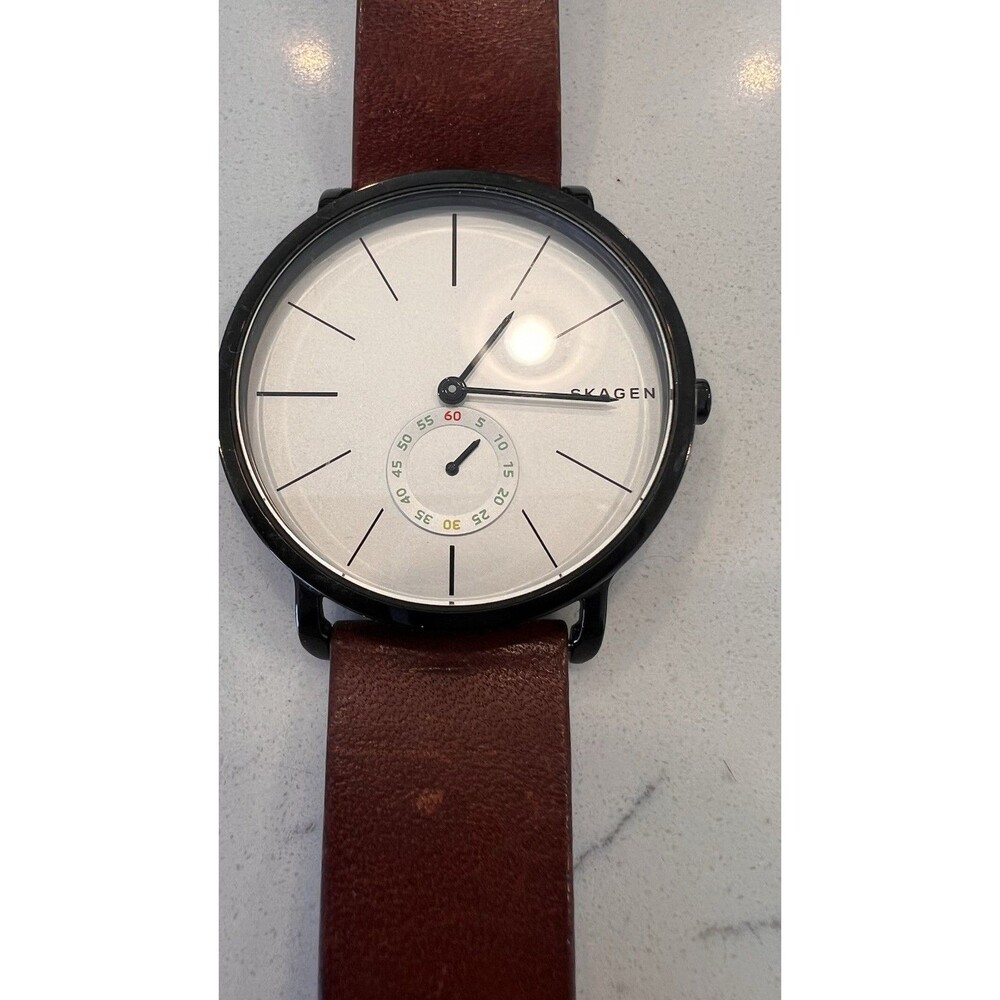 Skagen Hagen Black Steel White Dial Brown Leather Strap Men Quartz Watch SKW6216